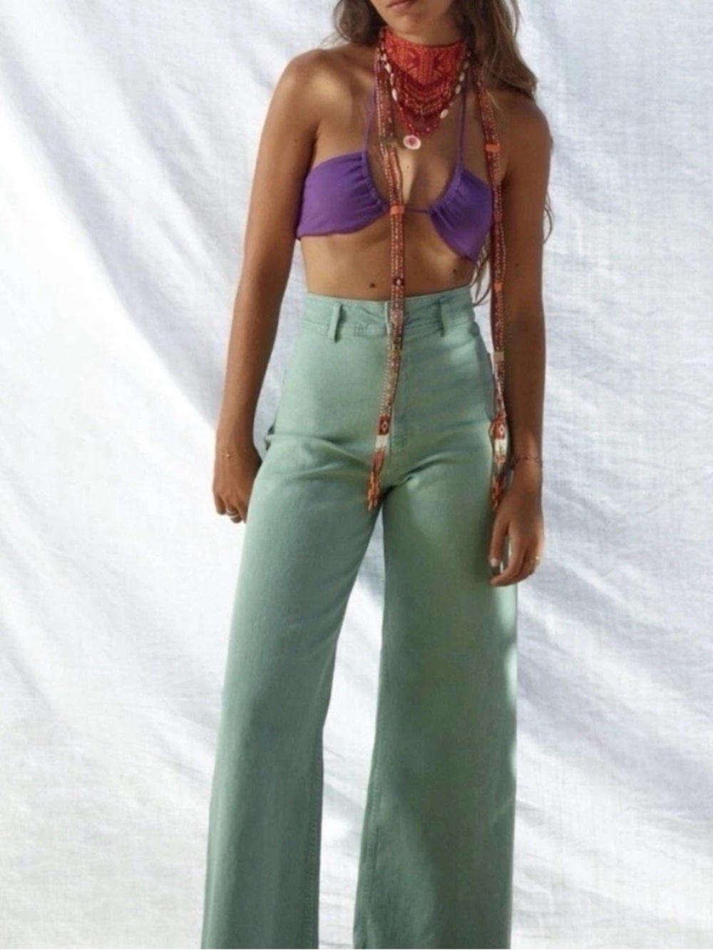 Zara Culotte Patch Pockets Marine Straight Jeans High Rise Sz 2 Sage Earthy Boho